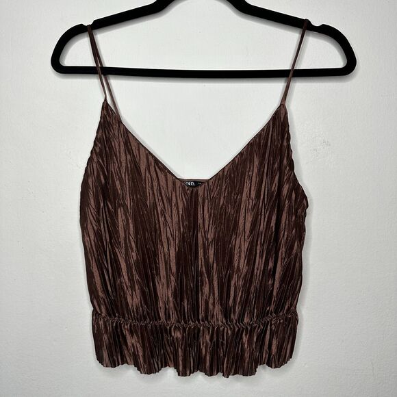 Zara Bronze Brown Travel Crinkle Satin Peplum Tank Spaghetti Strap V-Neck S - Picture 4 of 13